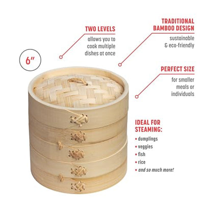 Joyce Chen 2-Tier Bamboo Steamer Baskets, 6-Inch - size: 6 inch
