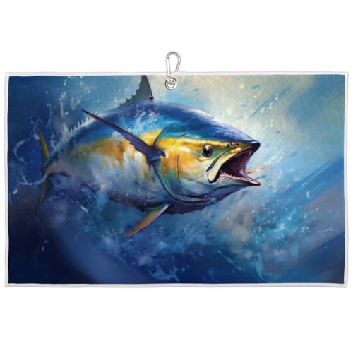 Blue Sea Ocean Fish Golf Towel for Men Women Ultra-Absorbent Towels for Golf Bag with Clip Ball Cleaner Funny Accessories Gifts Golf Carts & Clubs Rag Tennis Towel Microfiber Design 24"x15"