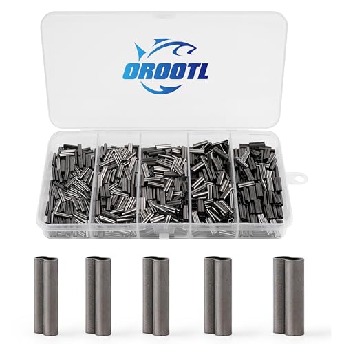 OROOTL Fishing Crimp Sleeves Kit, 500PCS Double Barrel Fishing Line Crimps Sleeves Brass Copper Crimping Loop Tubes Connector Wire Leader Rigging Tackle for Saltwater Freshwater