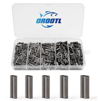 OROOTL Fishing Crimp Sleeves Kit, 500PCS Double Barrel Fishing Line Crimps Sleeves Brass Copper Crimping Loop Tubes Connector Wire Leader Rigging Tackle for Saltwater Freshwater