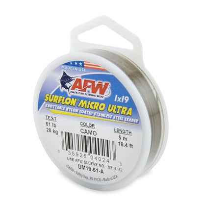 American Fishing Wire Surflon Micro Ultra Nylon Coated 1x19 Stainless Steel Leader Wire - Knottable Fishing Leaders Saltwater & Fly Fishing, 6lb Test - 61lb Test, Bright, Black & Camo Colors - color: Camo, style: 5 Meter, 61 Pound Test