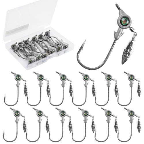 Underspin Jig Heads, 12pcs Crappie Jig Heads Swimbait Jig Heads with Spinner Blade 3D Eyes Fishing Jig Heads Hooks for Soft Plastic Swimbait Bass Walleye Trout Fishing 1/8oz 1/4oz 3/16oz 3/8oz - size: 3/16oz-12pcs