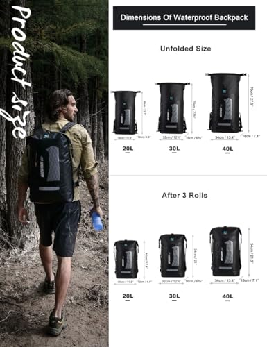 IDRYBAG Waterproof Backpack for Men 20L/30L/40L, Floating Dry Bag Kayak, Dry Backpack Hiking - color: Black, size: 30L