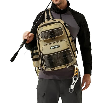 22L Wading Fishing Tackle Sling Bag, Holds 3x 3700 Boxes, Tan | Hands Free Lure Casting, Large Crossbody Shoulder Backpack with Rod Holder, Water Bottle Holder, 12 Heavy Duty D Rings - color: Tan