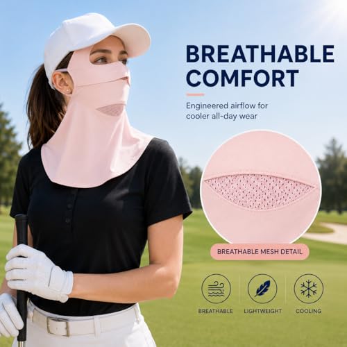 Face Cover for Sun Protection UPF 50+ UV Face Mask, UV Face Shield for Golf, Hiking Fishing & Outdoors Breathable - color: Pink