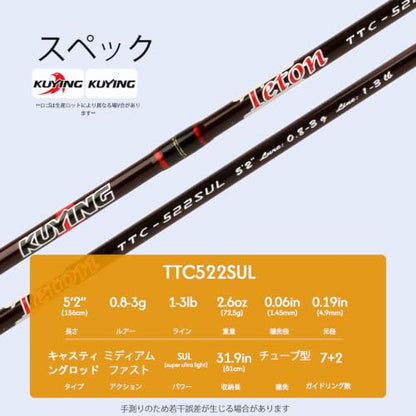 Teton 5'2"-6'6" BFS Fishing Rod Casting & Spinning, Ultra Light Rods, 40T Carbon Fiber Blank, Fuji Guides & Reel Seat, MF Fast Action, 2 Piece Travel Trout Lure Pole - size: Cast 5'2"-SUL-M Fast-TTC522SUL