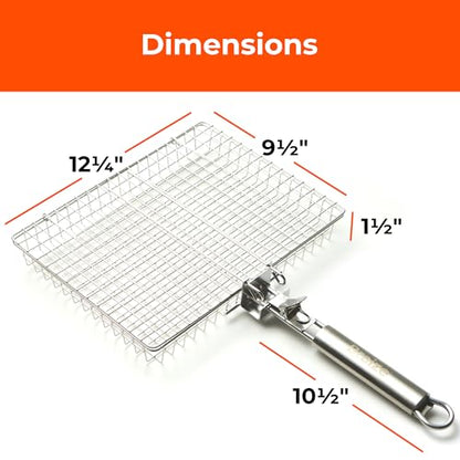 Stainless Steel Large Grill Basket with Removable Handle – 12.25 x 9.5 x 1.5 Inch BBQ Vegetable Basket with Easy Open Lid, Silicone Basting Brush & Scrub Sponge – Outdoor Cooking & Camping Accessory - size: w/ Accessories