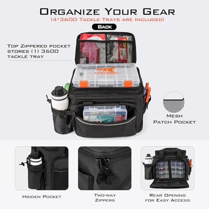 KastKing Karryall Fishing Tackle Bags with 4 * 3600 Tackle Trays - Saltwater & Freshwater Fishing Gear Storage - color: Black, size: Medium - 4*3600 Trays
