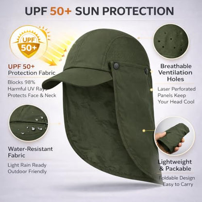 Mens L/XL/XXL Sun Hat with Removable Neck Flap UPF 50+ Fishing Hat Waterproof Quick Dry Breathable Baseball Cap for Cycling - color: Army Green, size: X-Large-XX-Large