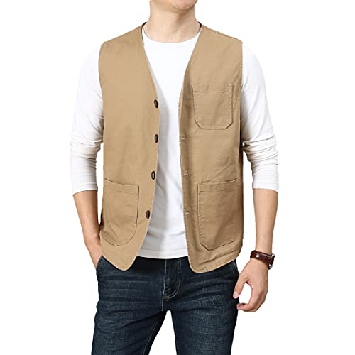 PRIJOUHE Men's Casual Outdoor Cotton Vest Lightweight Breathable Multi-Pocket Fishing Safari Travel Vests Outwear - color: 02-khaki, size: X-Large
