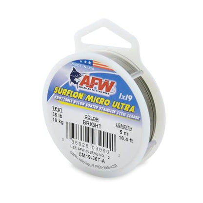 American Fishing Wire Surflon Micro Ultra Nylon Coated 1x19 Stainless Steel Leader Wire - Knottable Fishing Leaders Saltwater & Fly Fishing, 6lb Test - 61lb Test, Bright, Black & Camo Colors - color: Bright, style: 5 Meter, 35 Pound Test