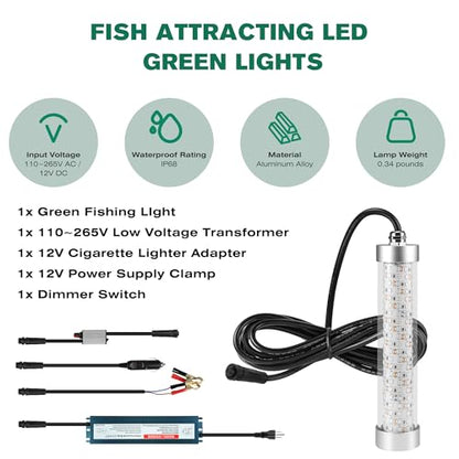 F3 Dimmable Green Underwater Fishing Light 110V&12V / 200W 20000LM Fish Light Attractants for Crappie Squid Shrimp Snook Bass at Night, with 5%~100% Brightness Dimmer(33FT Cable) - size: 33FT F3