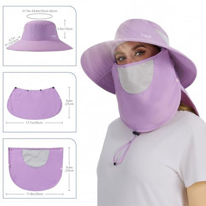 BASSDASH UPF 50+ Breathable Sun Hat with Removable Face Cover and Neck Flap Wide Brim Bucket Hat for Fishing Hiking Men Women - color: Light Purple
