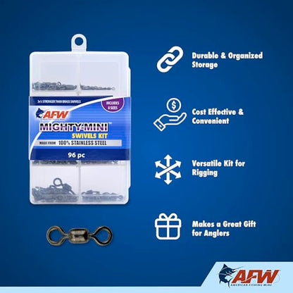 American Fishing Wire Fishing Swivels - Mighty Mini 100% Stainless Steel Snap Crane Swivels, 3X Stronger Than Brass, For Terminal Tackle Box, Up to 600lb Test - Fishing Gear for Fishing Line Leaders - style: Mighty-Mini Stainless Steel Swivels Kit