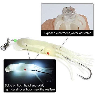 Dr.Fish Saltwater Squid Fishing Lures, 6" LED Lighted Lures 6/0 Hooks Squid Jig Rig Halibut Lincod Jig Offshore Trolling Baits Deep Drop Light Glow in Dark Mackerel Tuna Striper Lures - color: White LED, size: 6/0 Circle Hook-6"(2.5oz)