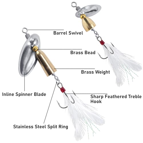 Dr.Fish 10 Pack Fishing Spinner Inline Spinner Lures Single Hook Trout Spinnerbait Lures Kits Bass Crappie Salmon Panfish Walleye Freshwater Stream - color: Feathered Treble Hook Kit, size: 1/8oz-#10