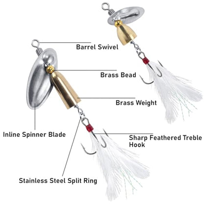 Dr.Fish 10 Pack Fishing Spinner Inline Spinner Lures Single Hook Trout Spinnerbait Lures Kits Bass Crappie Salmon Panfish Walleye Freshwater Stream - color: Feathered Treble Hook Kit, size: 1/8oz-#10