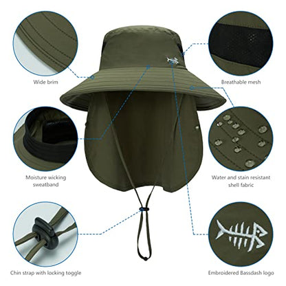 BASSDASH UPF 50+ Breathable Sun Hat with Removable Face Cover and Neck Flap Wide Brim Bucket Hat for Fishing Hiking Men Women - color: Army Green