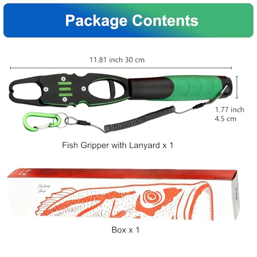 Fish Gripper with Scale 12" Aluminum Alloy Lip Grabber 40lb Capacity 360° Swivel for One-Handed Catch & Release Green - color: Green