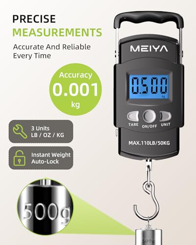 MEIYA Digital Fish Scale & Fishing Scale with Comfortable Handle - 110lb/50kg High-Accuracy Fishing Gear, Professional Fishing Gifts for Men, Comfort-Grip Hanging Scale for Large Fish, Luggage