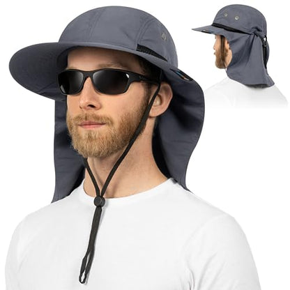 SUN CUBE UPF50+ Sun Hat for Men Women with Neck Flap, Wide Brim UV Protection Fishing Safari Hat for Hiking Beach Gardening - color: Gray