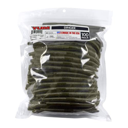 YUM Dinger Classic Worm All-Purpose Soft Plastic Bass Fishing Lure 100 Pack, 5 Inch - color: Green Pumpkin Flake, size: 5"