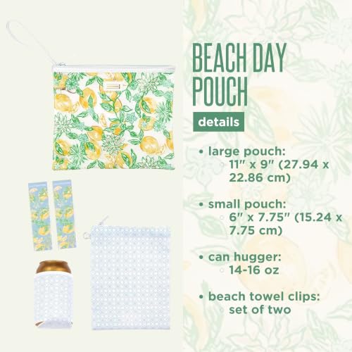 Lilly Pulitzer Water Resistant Vinyl Beach Day Pouch, Zipper Bag Includes Drink Hugger, Small Pouch, and Towel Clips - color: Make Lemonade