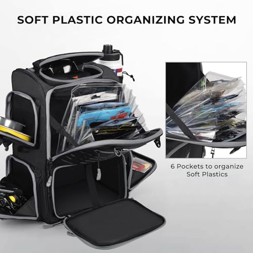 KastKing Bait Boss Fishing Tackle Backpack with Rod Holders-4 Tackle Boxes-Rain Cover,Storage for Fishing Gear - color: A: Black
