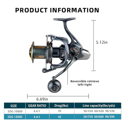 Fishing Spinning Reel, 10000/12000 Saltwater Spinning Reel, 45LBS Max Drag, CNC Aluminum Screw-in Handle & Spool, Oscillating Guide Rod System, Surf Fishing Reel for Beach & Boat Fishing - size: 10000