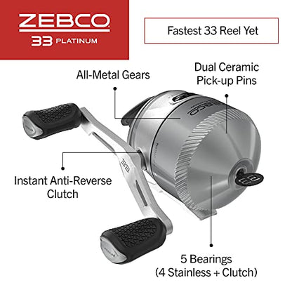 Zebco 33 Platinum Spincast Reel, 5 Ball Bearings (4 + Clutch), Instant Anti-Reverse with a Smooth Dial-Adjustable Drag, Powerful All-Metal Gears and Spooled with 10-Pound Cajun Line