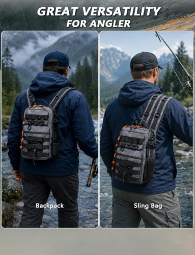 2 in 1 Compact Tactical Fishing Backpack with Tackle Boxes, Lightweight Waterproof Tackle Bag Fit 2 * 3600 Tackle Boxes, 2 Rod Holders Storage, Fishing Accessories Gift for Men Gray - color: Gray