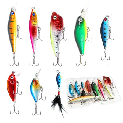 8-Piece Hard Bait Lure Set, Minnow Popper Crankbait Kit for Bass Trout Fishing, 3g-12g Sinking/Floating Lures with Sharp Hooks for Freshwater and Saltwater