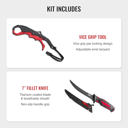 EGO Blackwater Fishing Tool Kit, Compact Pro Angler Set with 8” Aluminum Pliers, Vice Grip Tool, 7” Fillet Knife, Utility Scissors & PVC Sheath, Essential Fishing Gear for Bass, Walleye & Trout