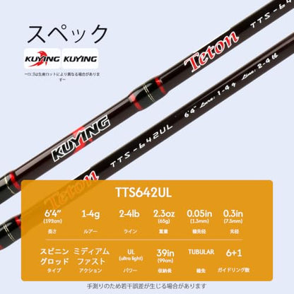 Teton 5'2"-6'6" BFS Fishing Rod Casting & Spinning, Ultra Light Rods, 40T Carbon Fiber Blank, Fuji Guides & Reel Seat, MF Fast Action, 2 Piece Travel Trout Lure Pole - size: Spin 6'4"-UL-M Fast-TTS642UL