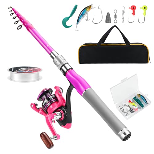Fishing Rod and Reel Combos, Carbon Fiber Telescopic Fishing Pole Kit with Spinning Reel, Fishing Line, Fishing Lures, Travel Bag for Woman Girl Beginner Saltwater Freshwater - color: PINK