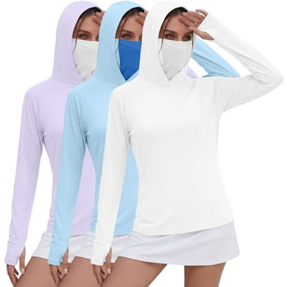 Xaatren 3 Pack Women's UPF 50+ Sun Hoodies with Face Mask Thumb Holes Quick Dry Fishing Shirts UV Protection Hiking Shirt - color: Purple, Blue, White, size: Large