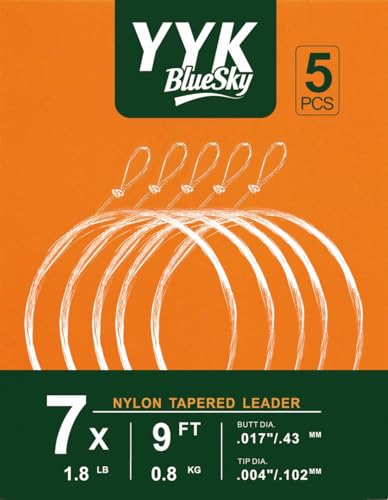 YYKBlueSky 9FT Clear Nylon Tapered Leader, Multiple Sizes 0X-7X (0X 1X 2X 3X 4X 5X 6X 7X) Optional, 5PCS Each for Freshwater Fly Fishing Line - size: 7X