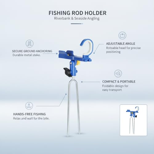 Fishing Rod Holder with Rotatable Head and Ground Spike, Foldable Metal Stake for Riverbank and Beach Angling - color: Blue