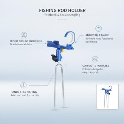 Fishing Rod Holder with Rotatable Head and Ground Spike, Foldable Metal Stake for Riverbank and Beach Angling - color: Blue