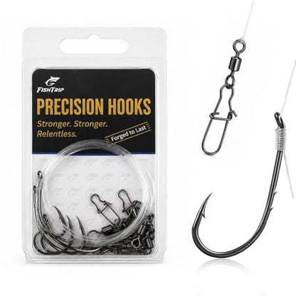 FishTrip Pre-Rigged Catfish Rig, Baitholder Fishing Hook Rig for Freshwater | 10pcs Double Barbed Long Shank Offset Fish Hook Rigs with Leader Line, Fishing Swivel & Snaps for Catfish, Carp, Bass 1/0-5/0 - size: 5/0#~10pcs