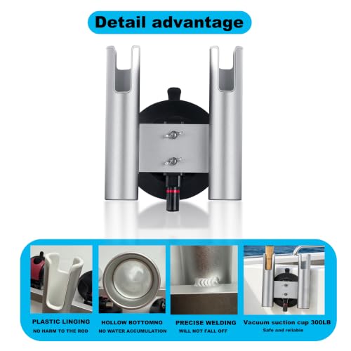 2-Rod No-Drill Aluminum Rack Vacuum Fishing Rod Holder with 300LB | for Boat Truck Wall Glass ，Removable Quick-Release Suction Mount – Installs in Seconds. No tools.