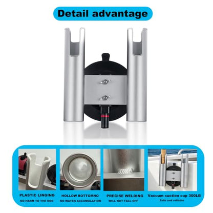 2-Rod No-Drill Aluminum Rack Vacuum Fishing Rod Holder with 300LB | for Boat Truck Wall Glass ，Removable Quick-Release Suction Mount – Installs in Seconds. No tools.