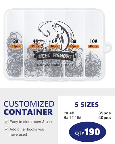 UCEC 190/220/260PCS Barbless Fishing Hooks, Carp Hooks Circle Curve Shank Fly Tying Fishing Hook Tackle Kit for Freshwater Saltwater Hair Rig Trout Size: 2# 4# 6# 8# 10# - size: 190PCS,2# 4# 6# 8# 10#