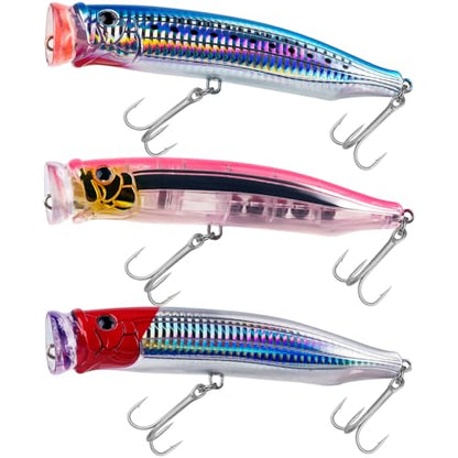THKFISH Popper Lures Saltwater Tuna Popper Topwater Fishing Lures for Surf Fishing Bass with 3D Eyes for GT Tuna Large Fish 5.9in 1pc/3pcs - color: 3PCS-BLUSPOT-PIN-RED