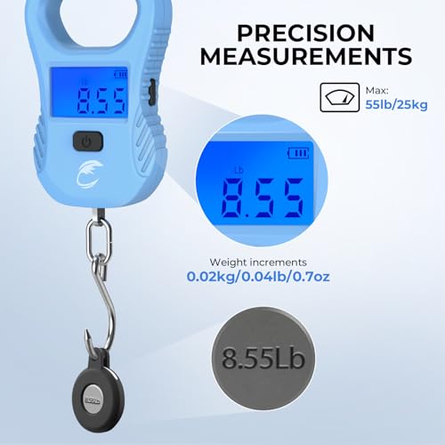 Calamus Lightweight Fish Scale – Rechargeable Digital Scale with USB Cable, 55lb Capacity, Multi-Units Pound/Ounces & Kilograms, High Accuracy, Backlight LCD Display, Fishing Gifts for Men - color: Blue