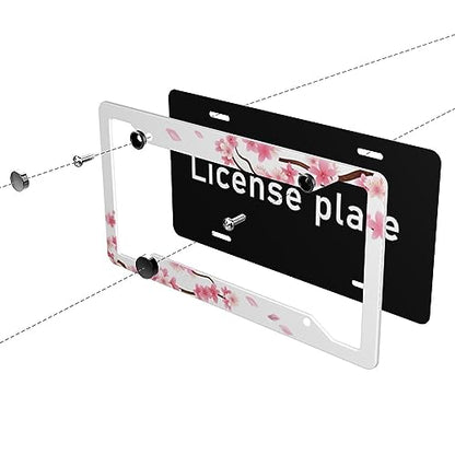Pink Cherry Blossom On White Background License Plate Frame - 2Pcs Sakura Flower License Plate Holder Aluminum Metal Car Accessories Refreshing Cute Anime Design Fits Standard Us Vehicles with Screws - color: sakura