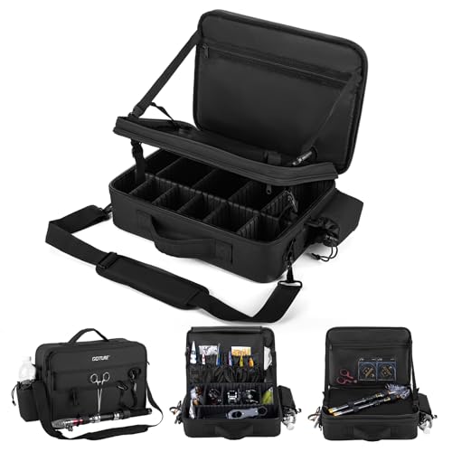 Goture Fishing Reel Case, Hard Shell Storage Bag with Adjustable Dividers | Modular dividers for custom fit 600D water-resistant fabric & EVA padding Integrated rod straps & quick-access pockets - color: Black