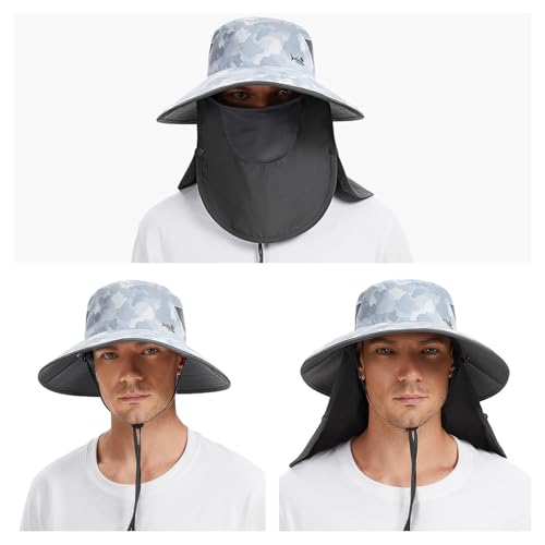BASSDASH UPF 50+ Breathable Sun Hat with Removable Face Cover and Neck Flap Wide Brim Bucket Hat for Fishing Hiking Men Women - color: Light Grey Camo/Dark Grey