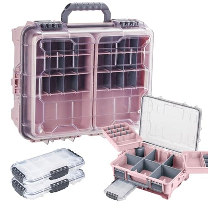 THKFISH Waterproof Tackle Box, Portable Fishing & Tackle Storage Box with Two 3500 Stowaway Boxes and Removable Dividers, Tackle Box, Thicker Floating Airtight Stowaway,Pink/Green/Blue/Grey - color: M-Pink