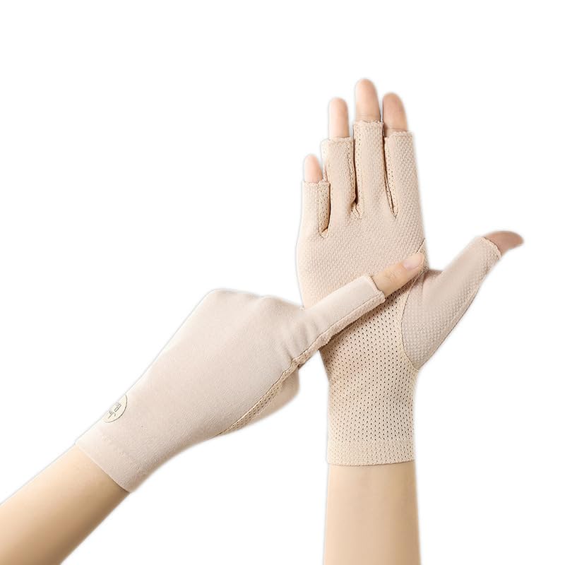 Women Fingless UV Protection Sunblock Gloves,Non-Slip Driving-Gloves Cyling - color: Apricot